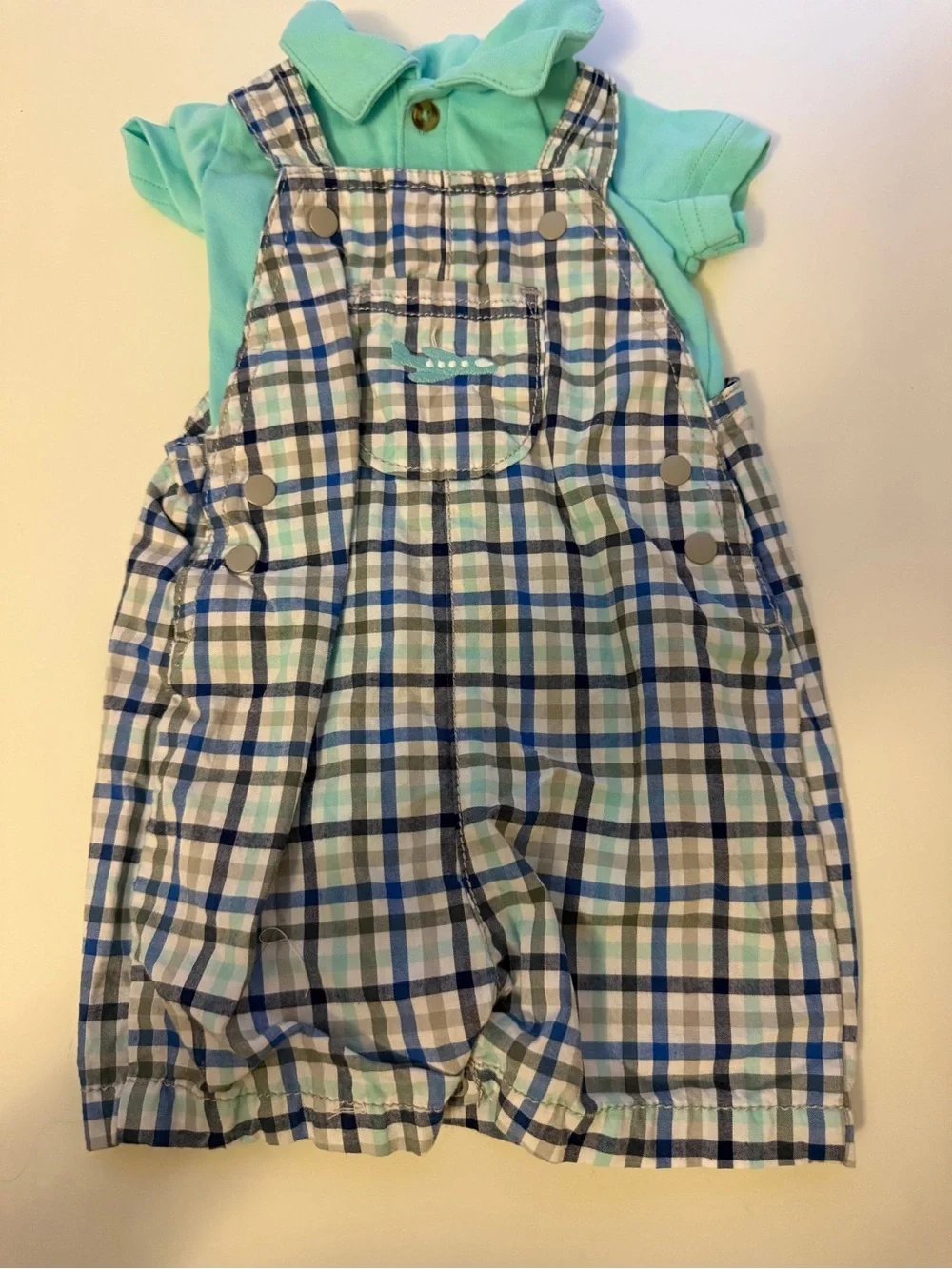 Carter's Mint Polo with Blue & White Plaid Shortalls